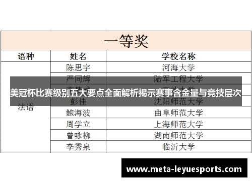 美冠杯比赛级别五大要点全面解析揭示赛事含金量与竞技层次