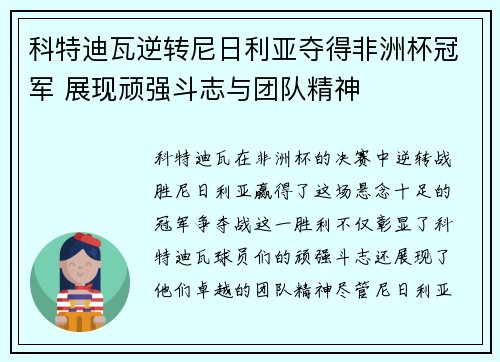 科特迪瓦逆转尼日利亚夺得非洲杯冠军 展现顽强斗志与团队精神